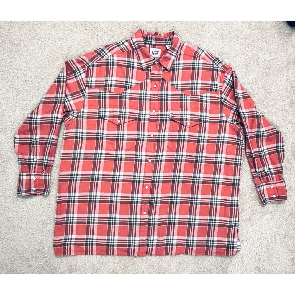 Levi’s Western Pearl Snap Flannel Shirt Womens XL Orange Plaid Oversized Cotton
